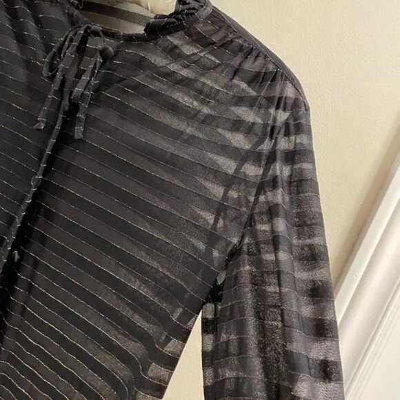Vintage Italian Sheer Shimmer Button-Up Ribbon Blouse Black Gold - Picture 11 of 16
